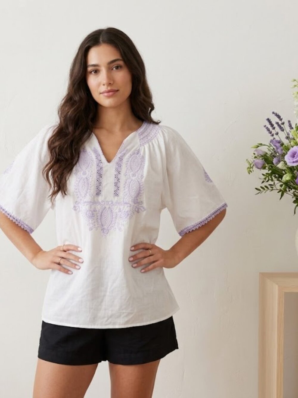 White Peasant Blouse with Lavender Embroidery-NWOT